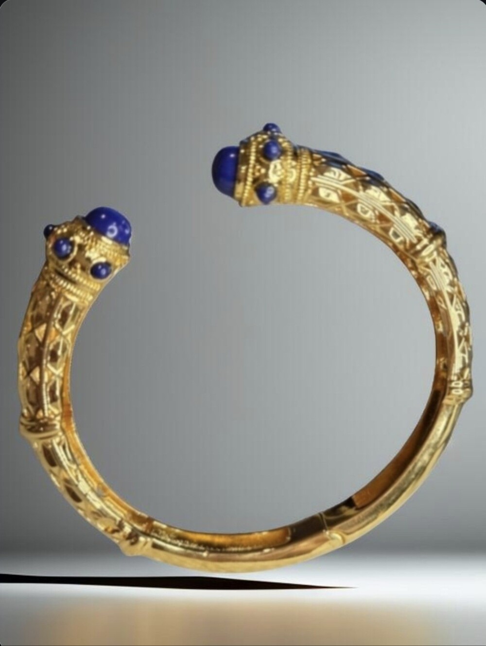 18k Gold Plated Byzantine Filigree Lapis Lazuli Hinged Bangle Cuff Bracelet